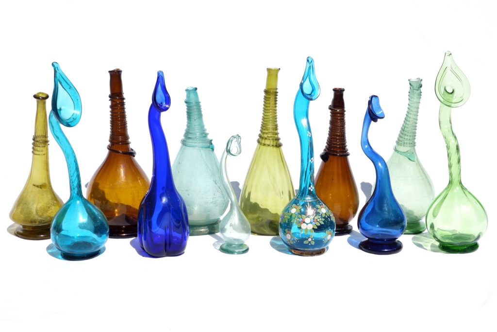 12 Persian Rose Water Sprinkler Bottles, dating from the 17th to the early 20th century.